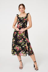 Floral Frill Sleeveless A-Line Midi Dress