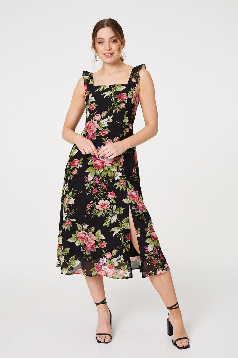 Floral Frill Sleeveless A-Line Midi Dress