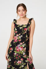 Floral Frill Sleeveless A-Line Midi Dress