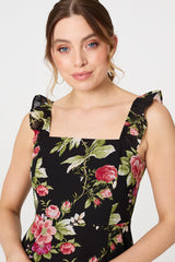 Floral Frill Sleeveless A-Line Midi Dress