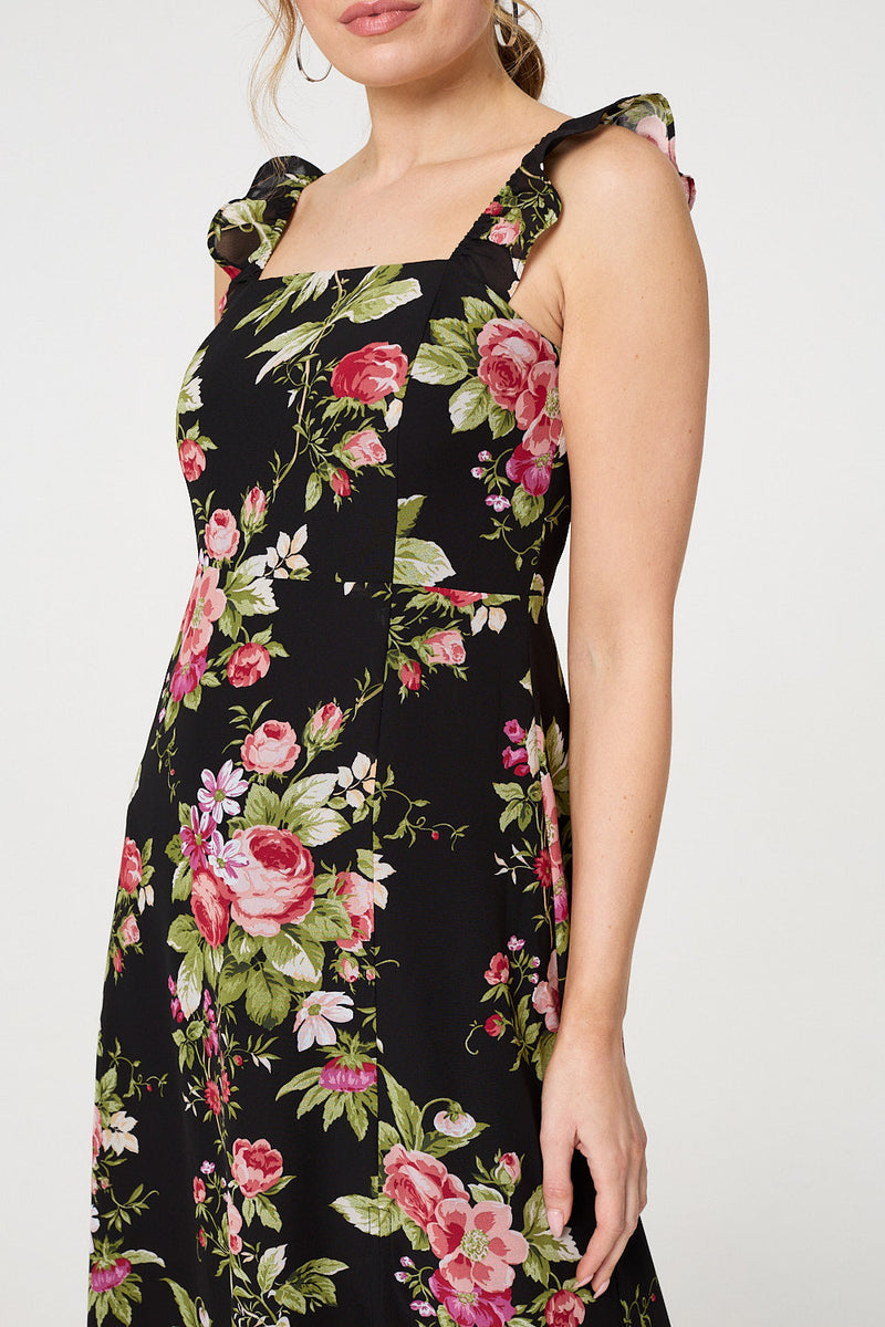 Floral Frill Sleeveless A-Line Midi Dress