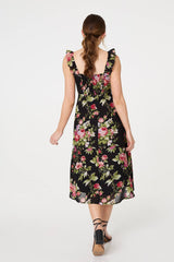 Floral Frill Sleeveless A-Line Midi Dress