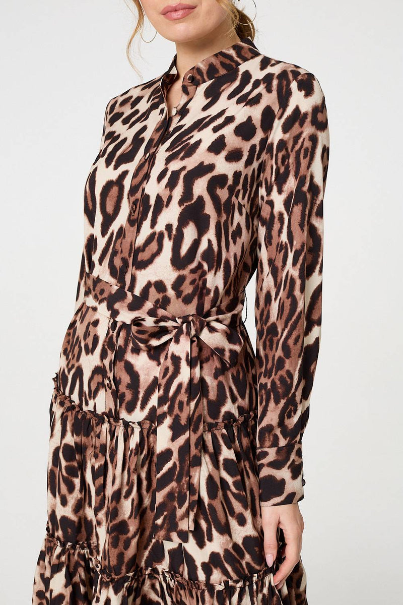 Animal Print Tiered Short Shirt Dress