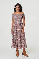Ditsy Floral Bardot Smocked Midi Dress