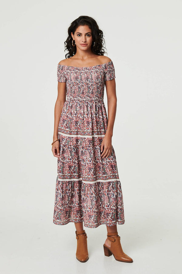 Ditsy Floral Bardot Smocked Midi Dress