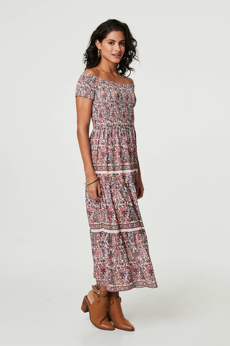 Ditsy Floral Bardot Smocked Midi Dress