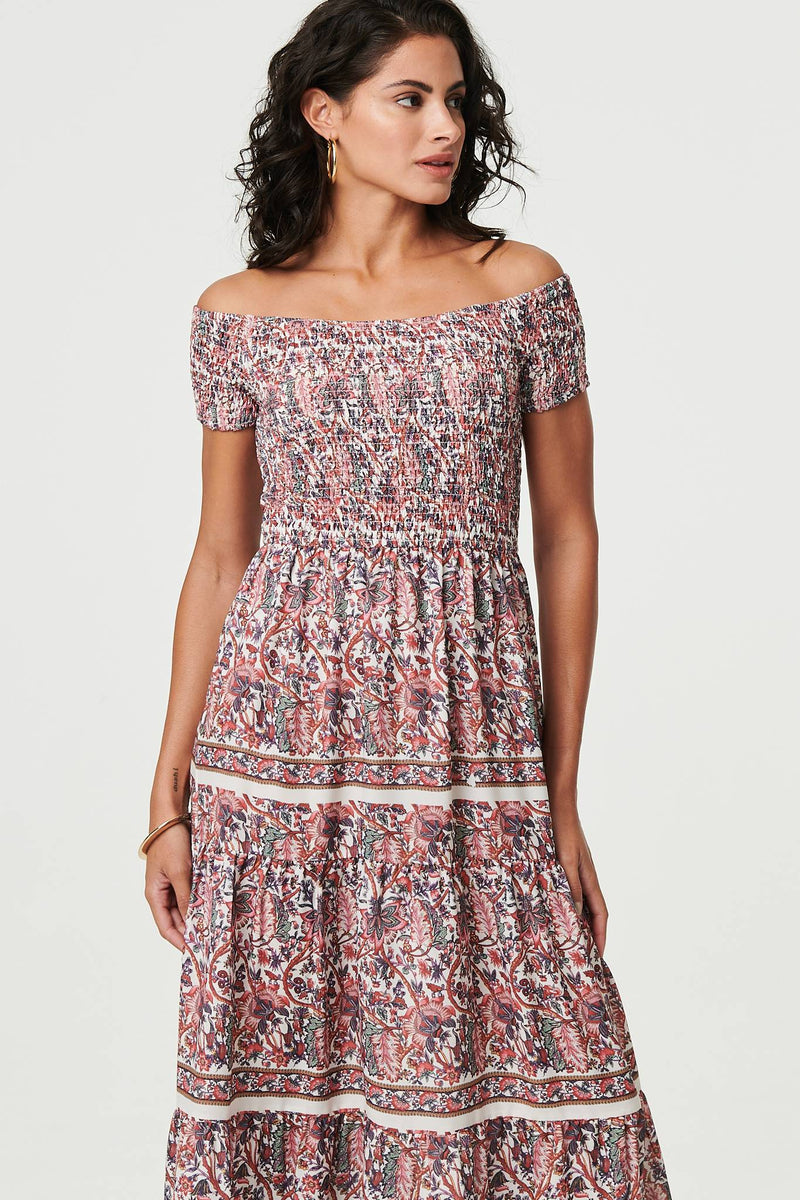 Ditsy Floral Bardot Smocked Midi Dress