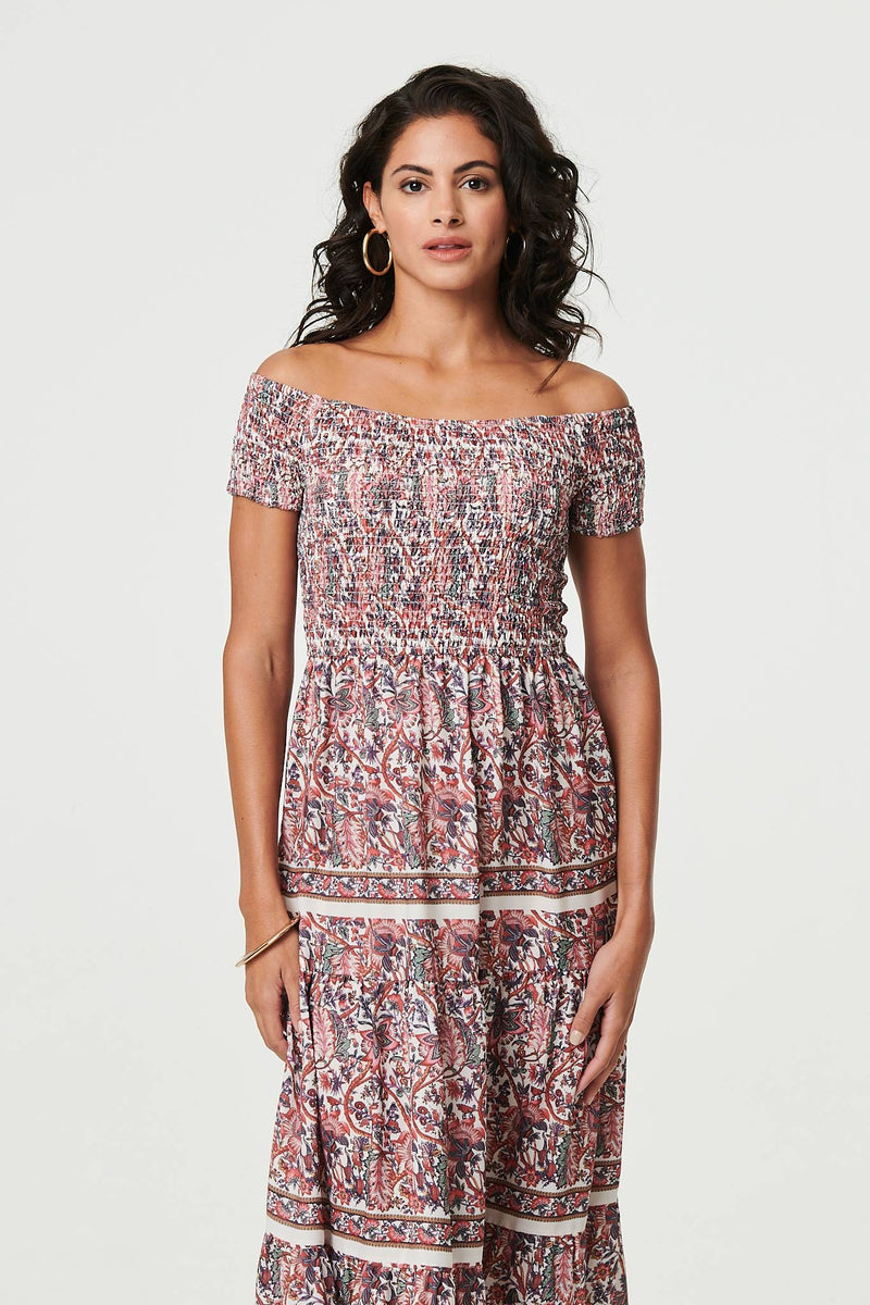Ditsy Floral Bardot Smocked Midi Dress