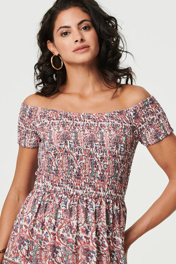 Ditsy Floral Bardot Smocked Midi Dress