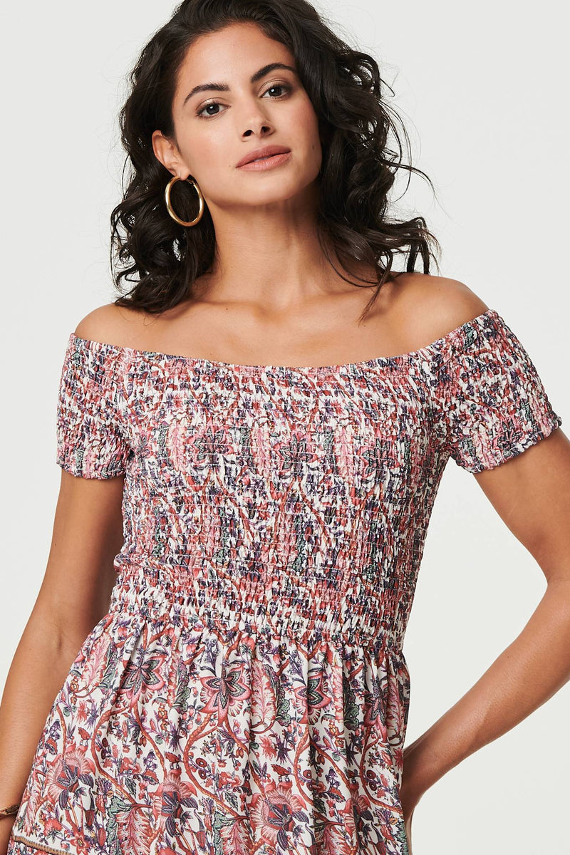 Ditsy Floral Bardot Smocked Midi Dress