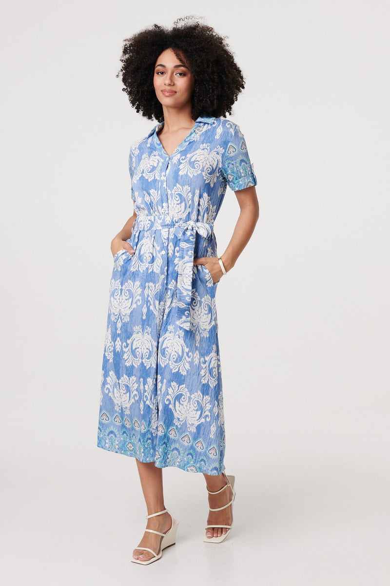 Ikat Print Tie Waist Midi Shirt Dress