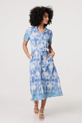 Ikat Print Tie Waist Midi Shirt Dress