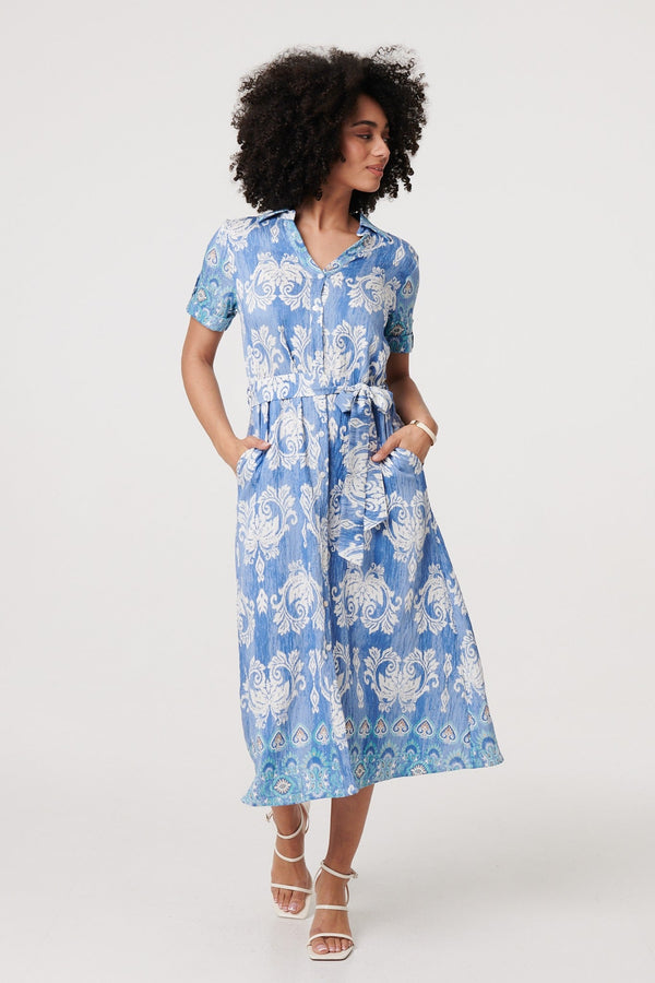 Ikat Print Tie Waist Midi Shirt Dress