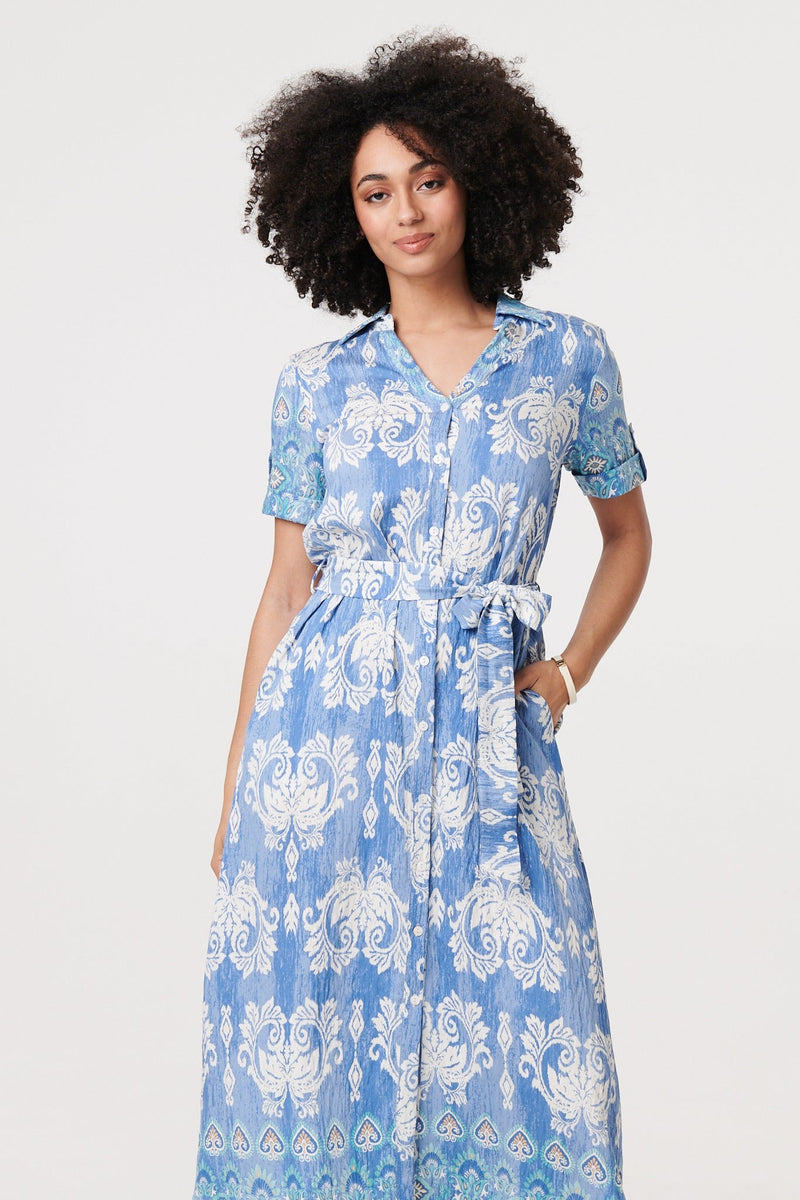 Ikat Print Tie Waist Midi Shirt Dress