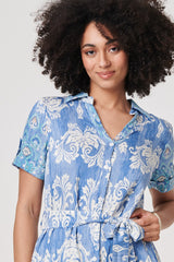 Ikat Print Tie Waist Midi Shirt Dress