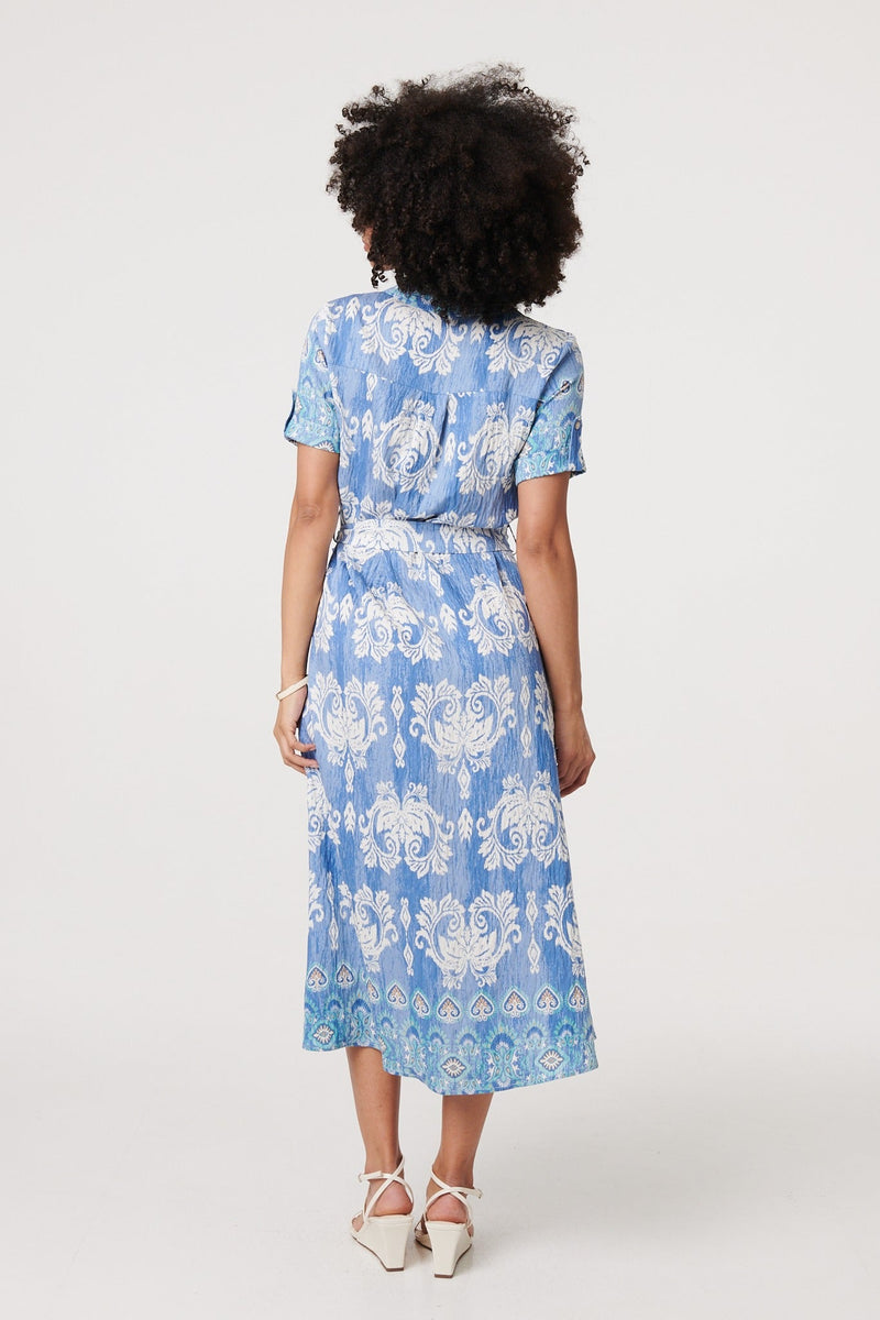 Ikat Print Tie Waist Midi Shirt Dress