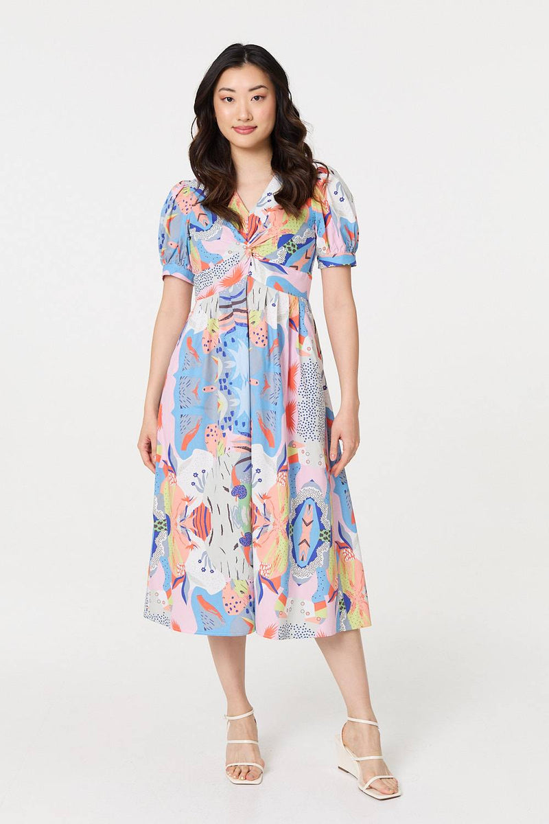 Abstract Ruched Front Empire Midi Dress