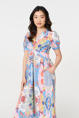 Abstract Ruched Front Empire Midi Dress