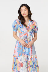 Abstract Ruched Front Empire Midi Dress