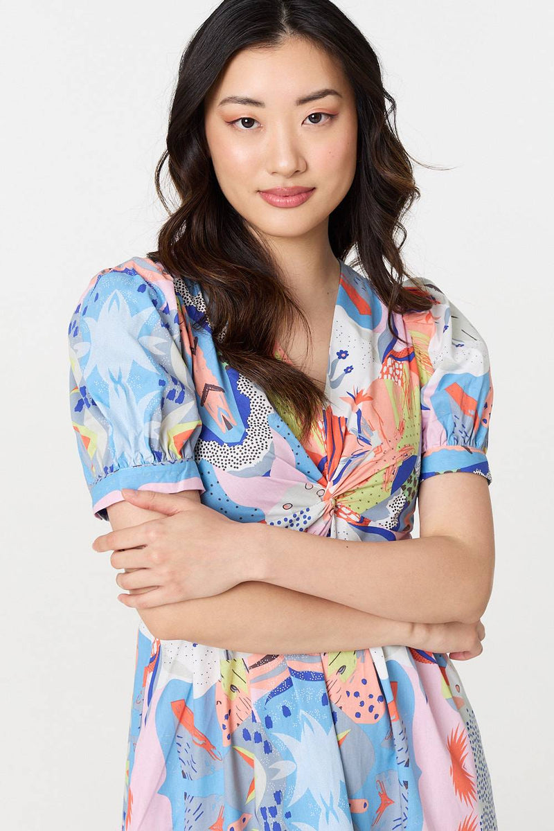 Abstract Ruched Front Empire Midi Dress