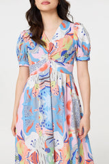 Abstract Ruched Front Empire Midi Dress