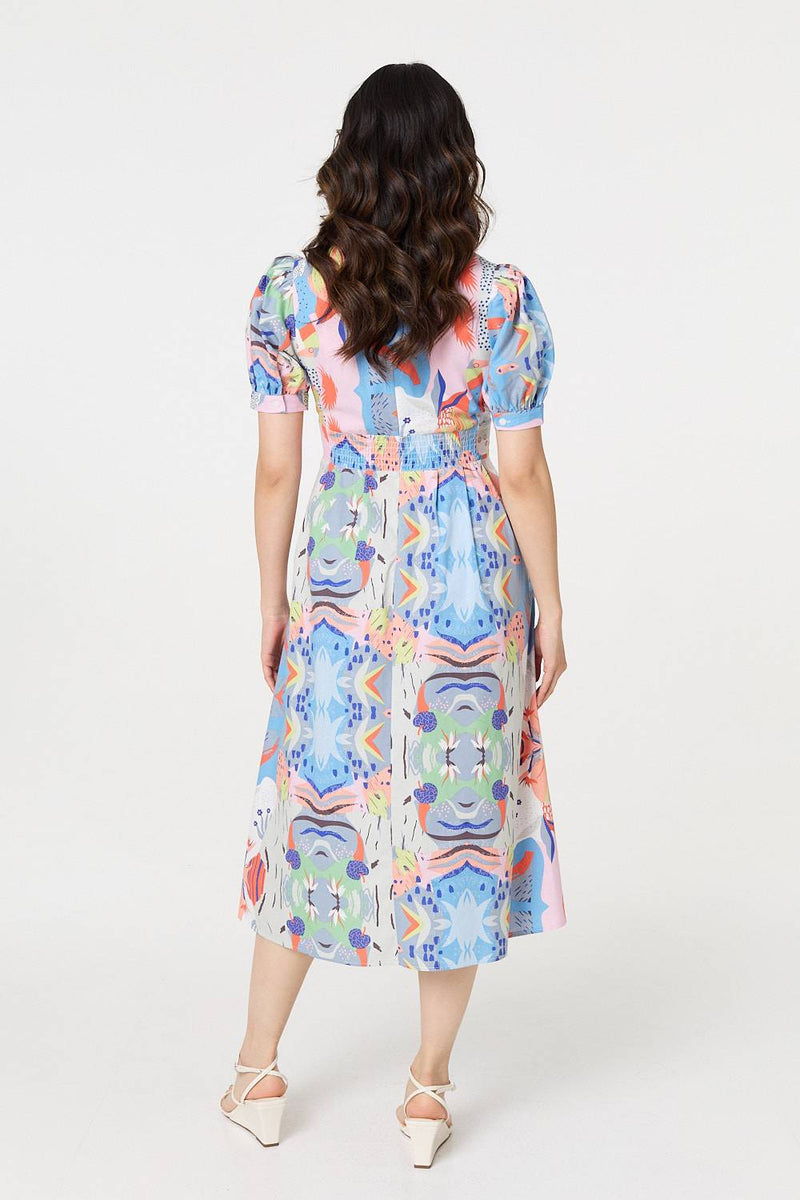 Abstract Ruched Front Empire Midi Dress
