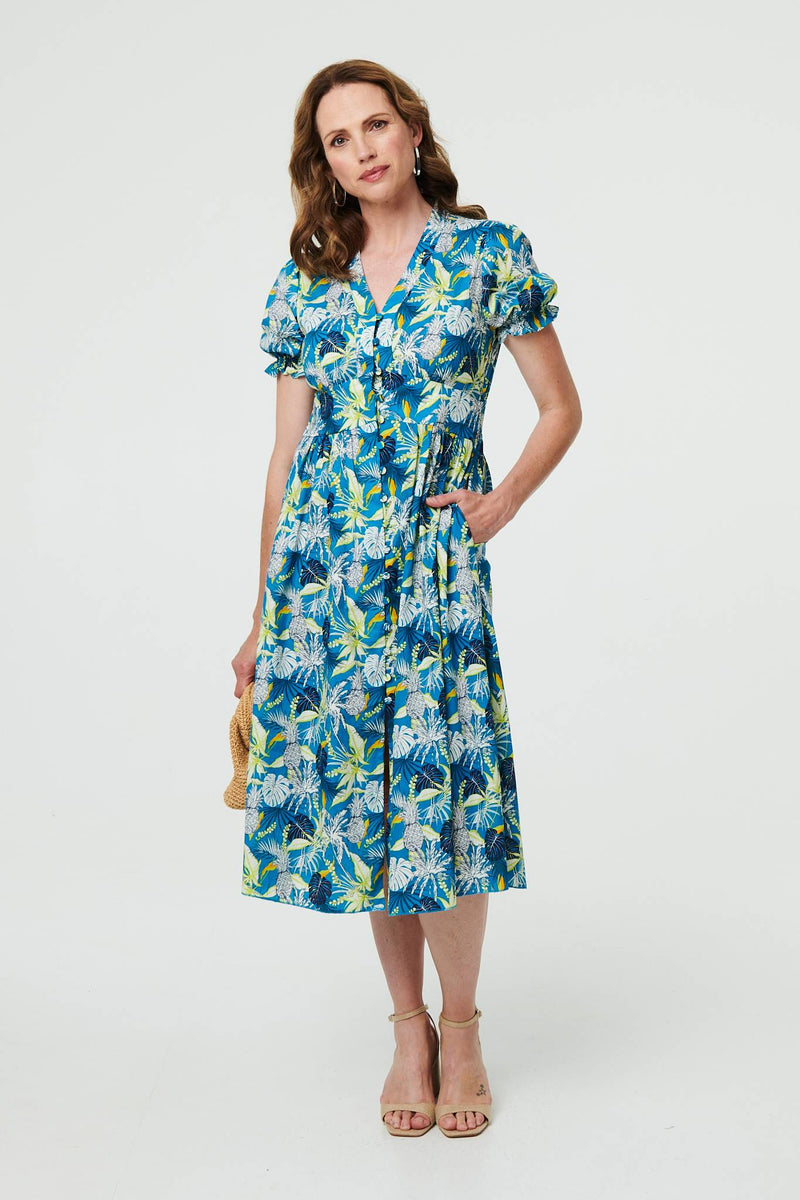 Leaf Print Short Sleeve Shirt Midi Dress
