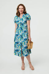 Leaf Print Short Sleeve Shirt Midi Dress