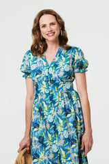 Leaf Print Short Sleeve Shirt Midi Dress