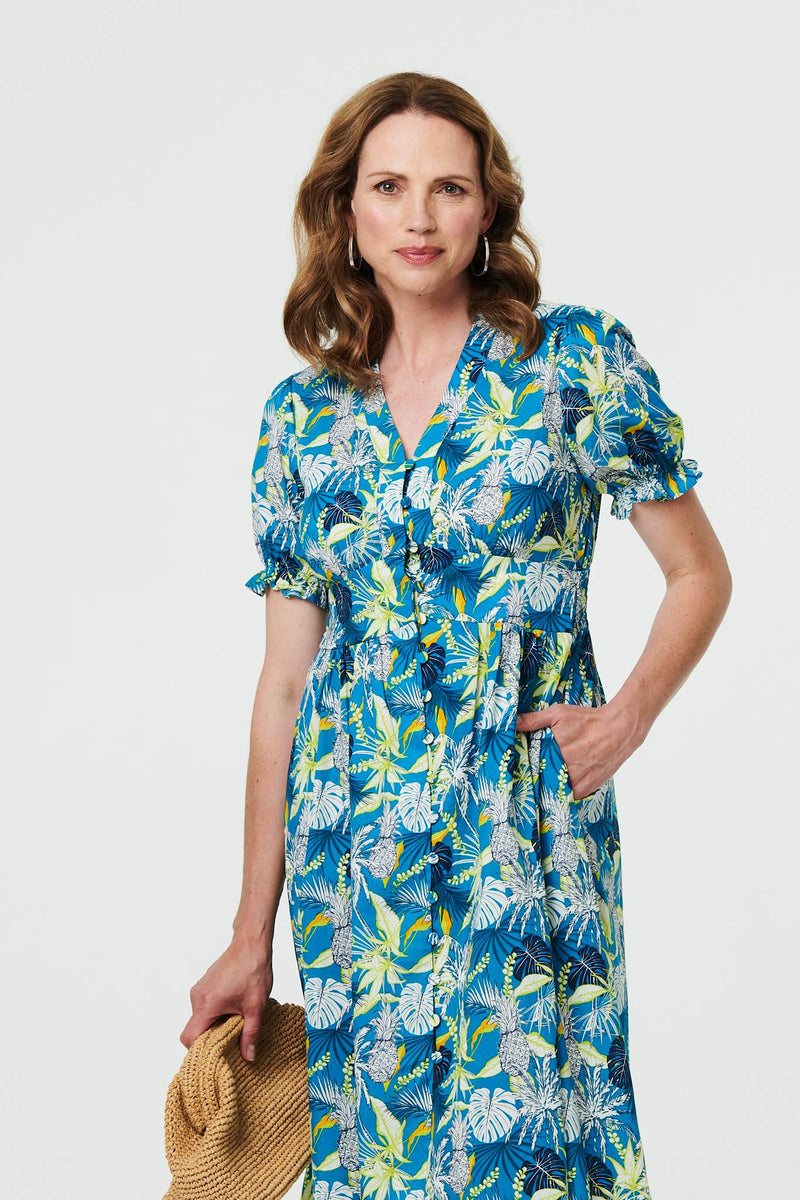 Leaf Print Short Sleeve Shirt Midi Dress