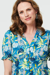 Leaf Print Short Sleeve Shirt Midi Dress