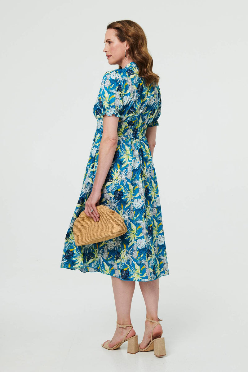 Leaf Print Short Sleeve Shirt Midi Dress