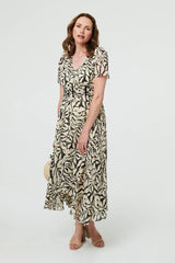 Printed Ruched Front V-Neck Midi Dress
