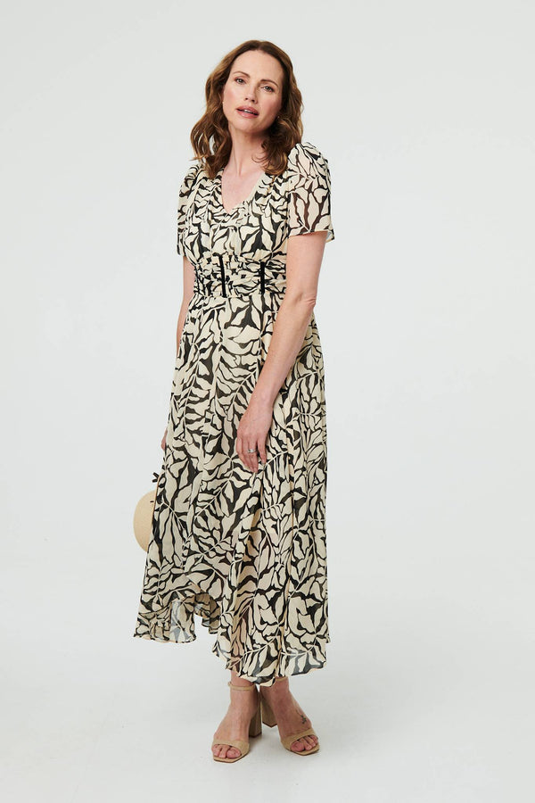 Printed Ruched Front V-Neck Midi Dress