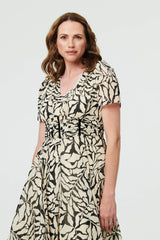Printed Ruched Front V-Neck Midi Dress