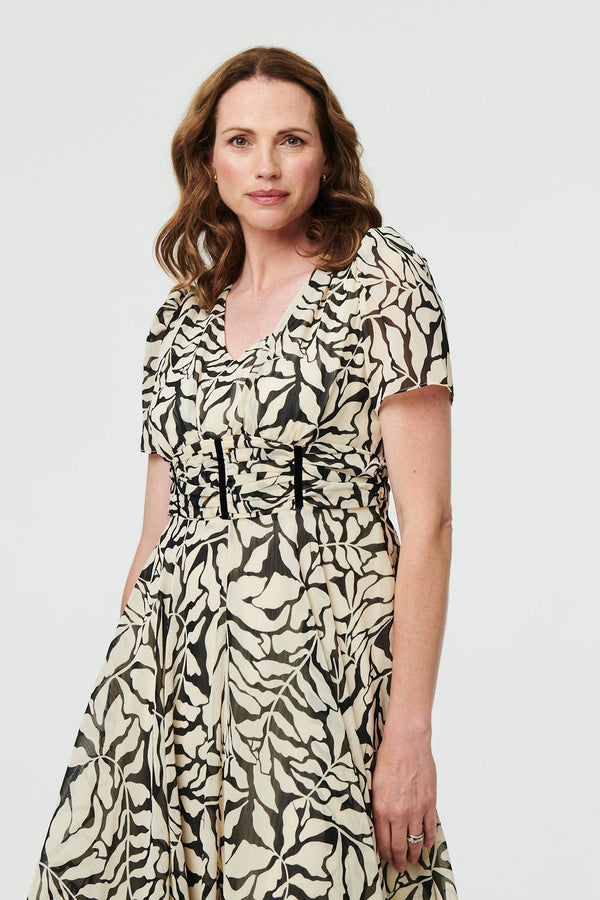 Printed Ruched Front V-Neck Midi Dress