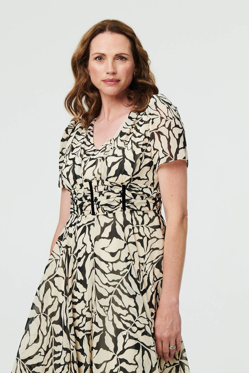 Printed Ruched Front V-Neck Midi Dress