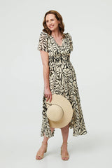 Printed Ruched Front V-Neck Midi Dress