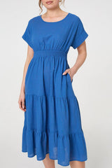 Relaxed Short Sleeve Tiered Midi Dress