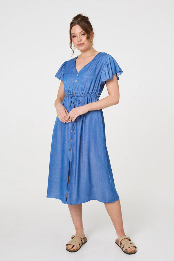 Short Sleeve Drawstring Waist Midi Dress