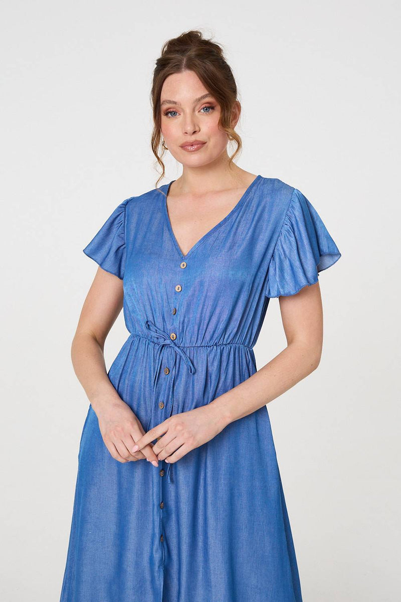 Short Sleeve Drawstring Waist Midi Dress