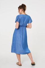 Short Sleeve Drawstring Waist Midi Dress