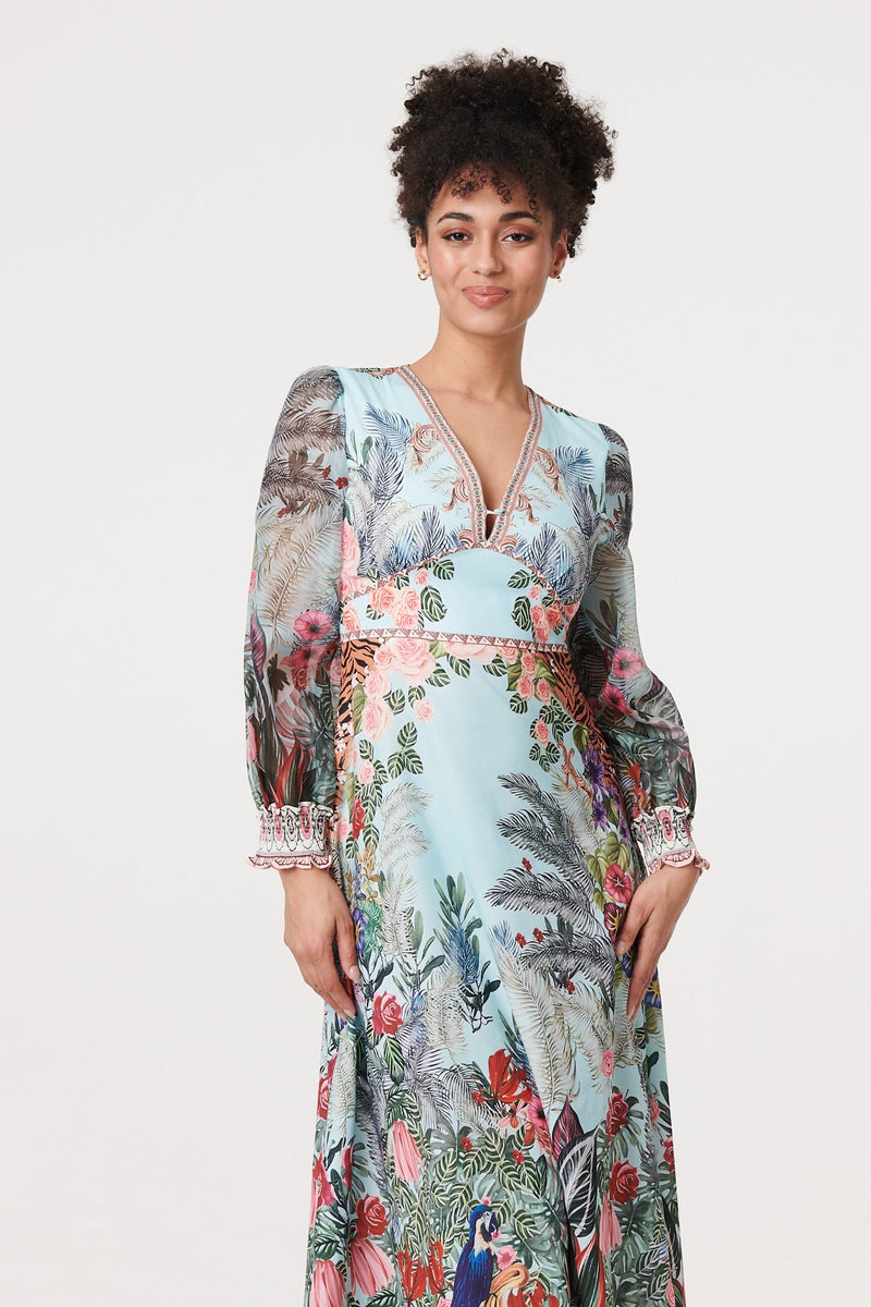 Tropical Print Empire Waist Midi Dress