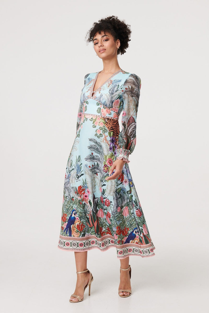 Tropical Print Empire Waist Midi Dress