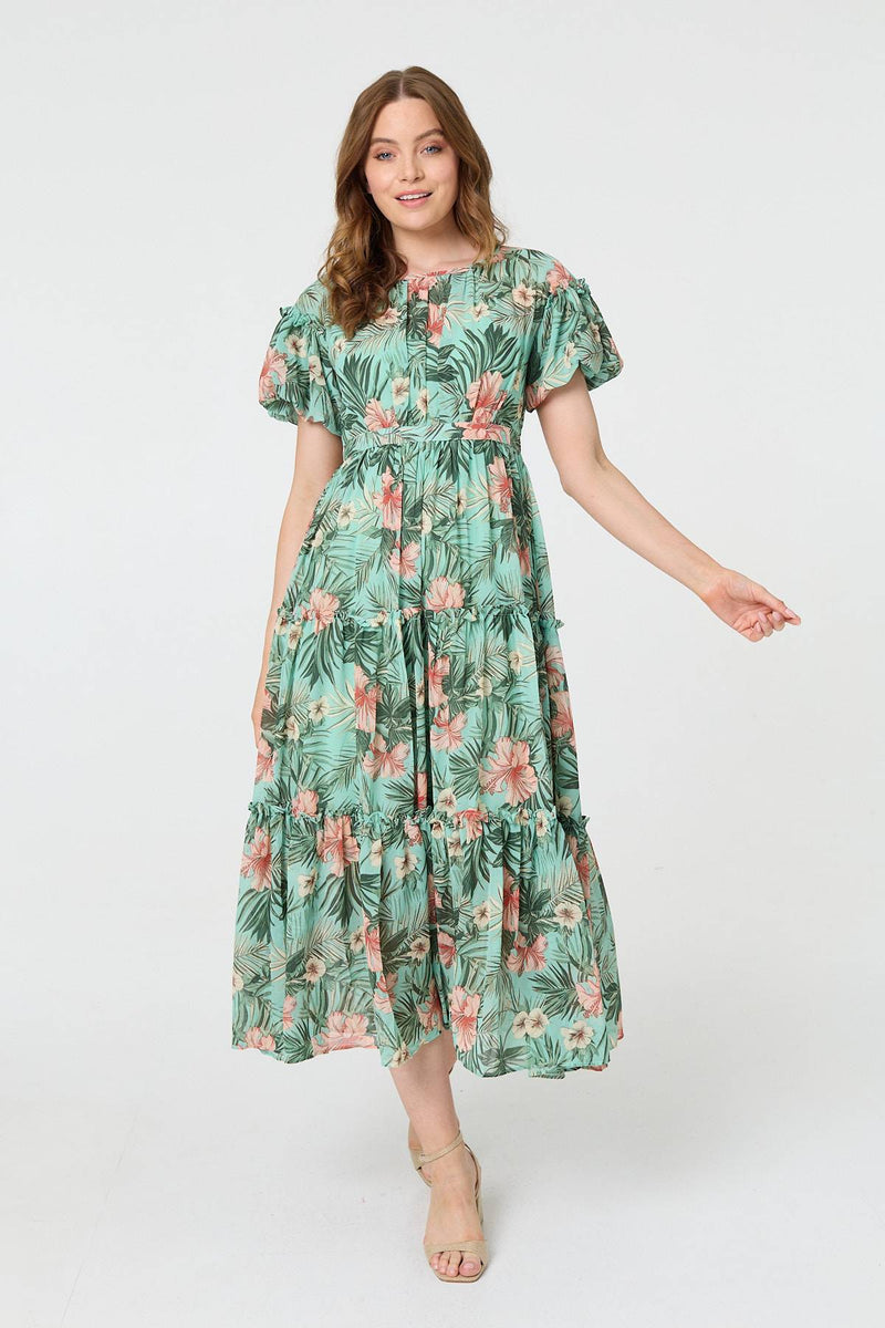 Tropical Print Frill Tiered Midi Dress