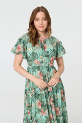 Tropical Print Frill Tiered Midi Dress