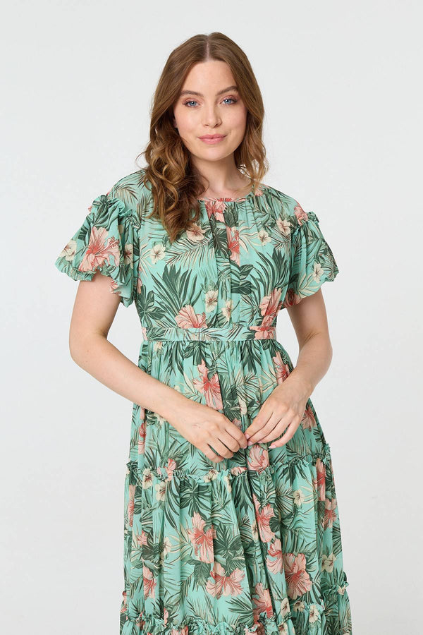 Tropical Print Frill Tiered Midi Dress