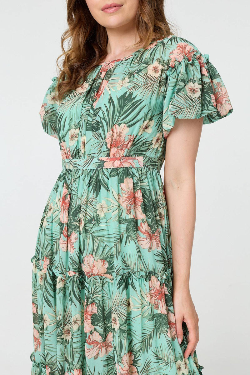 Tropical Print Frill Tiered Midi Dress