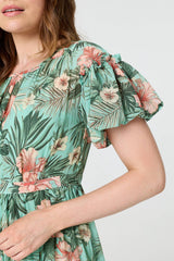 Tropical Print Frill Tiered Midi Dress