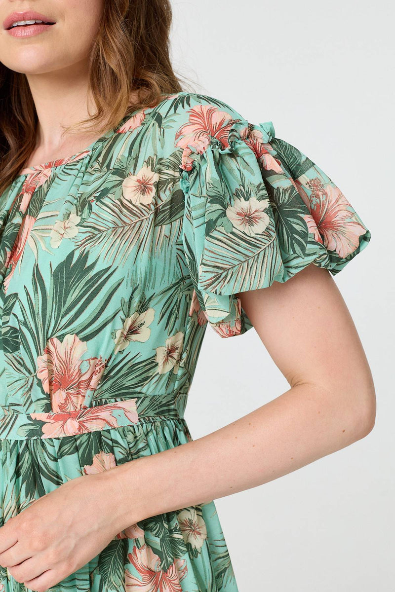 Tropical Print Frill Tiered Midi Dress